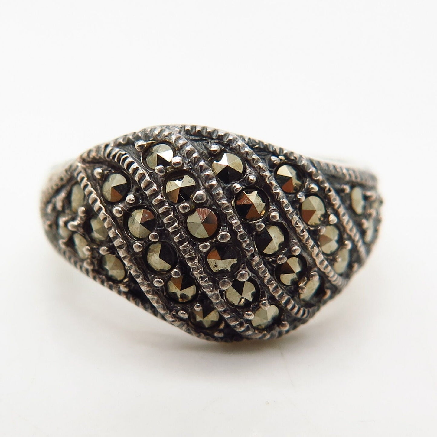 925 Sterling Silver Real Marcasite Gem Abstract Design Wide Ring Size 6.25