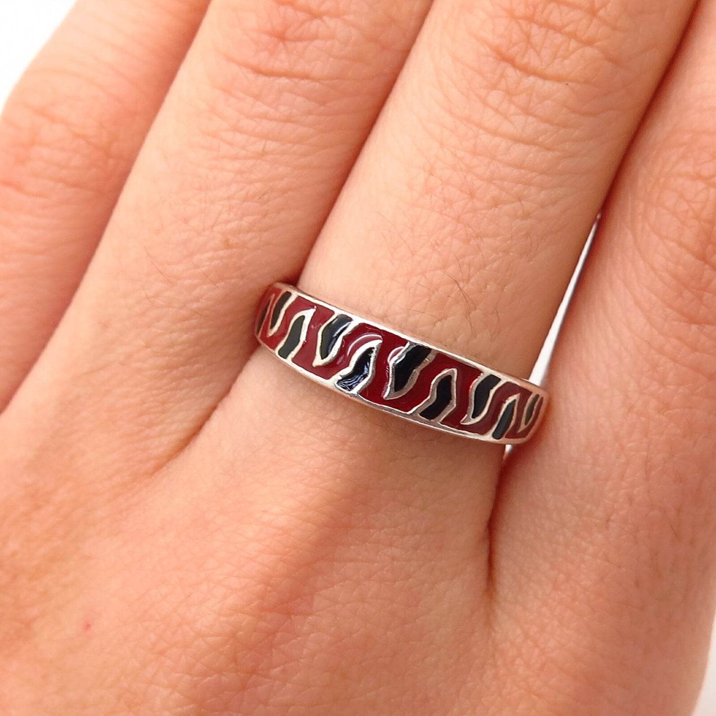 925 Sterling Silver Enamel Flames Design Ring