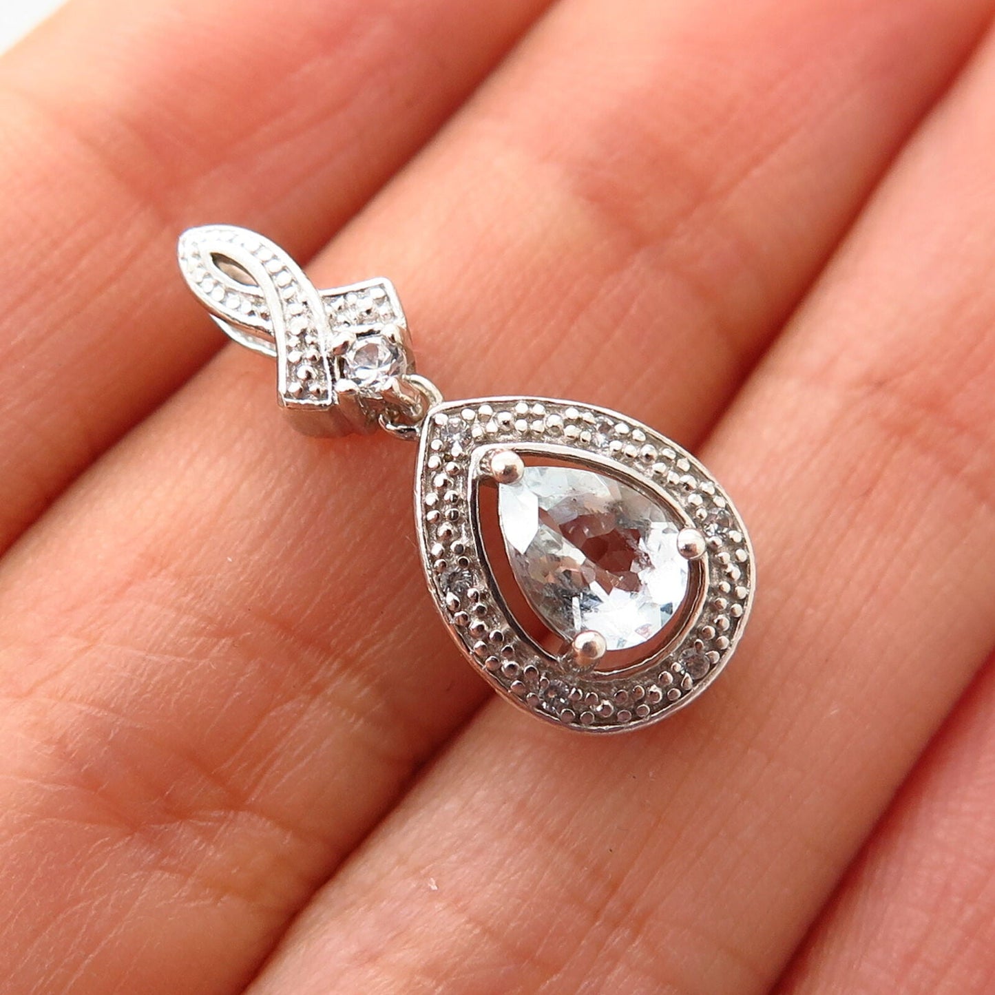 925 Sterling Silver White Topaz Gem & C Z Drop Slide Pendant