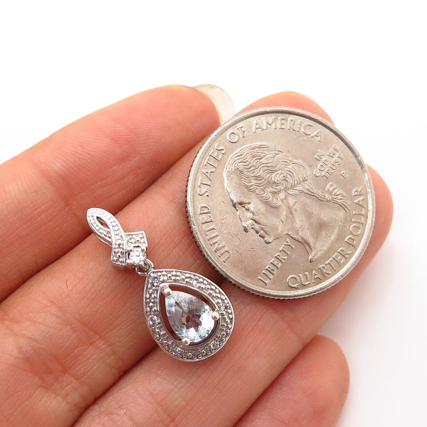 925 Sterling Silver White Topaz Gem & C Z Drop Slide Pendant