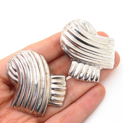 925 Sterling Silver Vintage Mexico Folded Ribbon Design Hollow Clip On Earrings