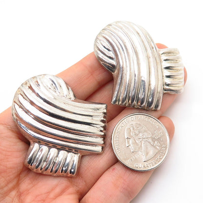 925 Sterling Silver Vintage Mexico Folded Ribbon Design Hollow Clip On Earrings