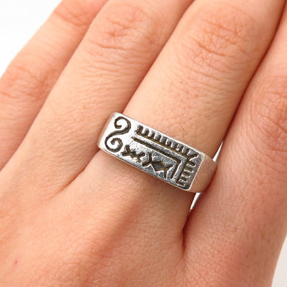 925 Sterling Silver Tribal Pattern Bar Ring Size 7