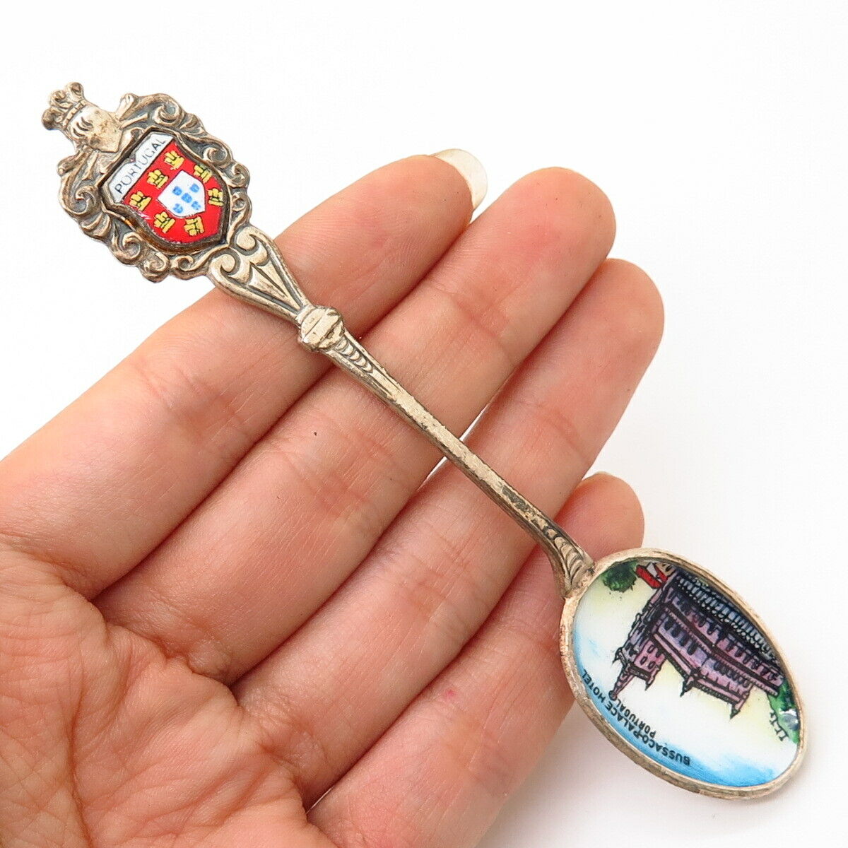 830 Silver Vintage Portugal Enamel "Bussaco-Palace Hotel" Spoon