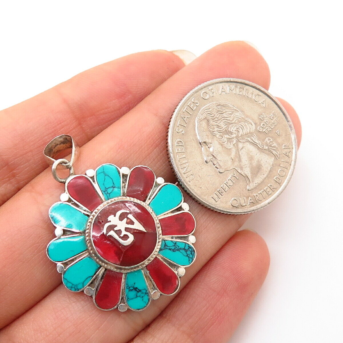 925 Sterling Silver Turquoise Gem & Enamel US Navy Pendant