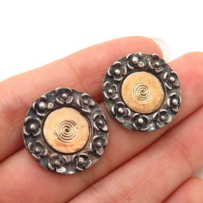 925 Sterling Silver 2-Tone Swirl & Floral Design Round Earrings