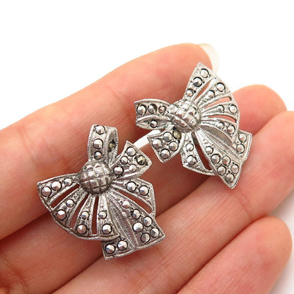 925 Sterling Silver Antique Real Marcasite Gem Bow Ribbon Screw Back Earrings