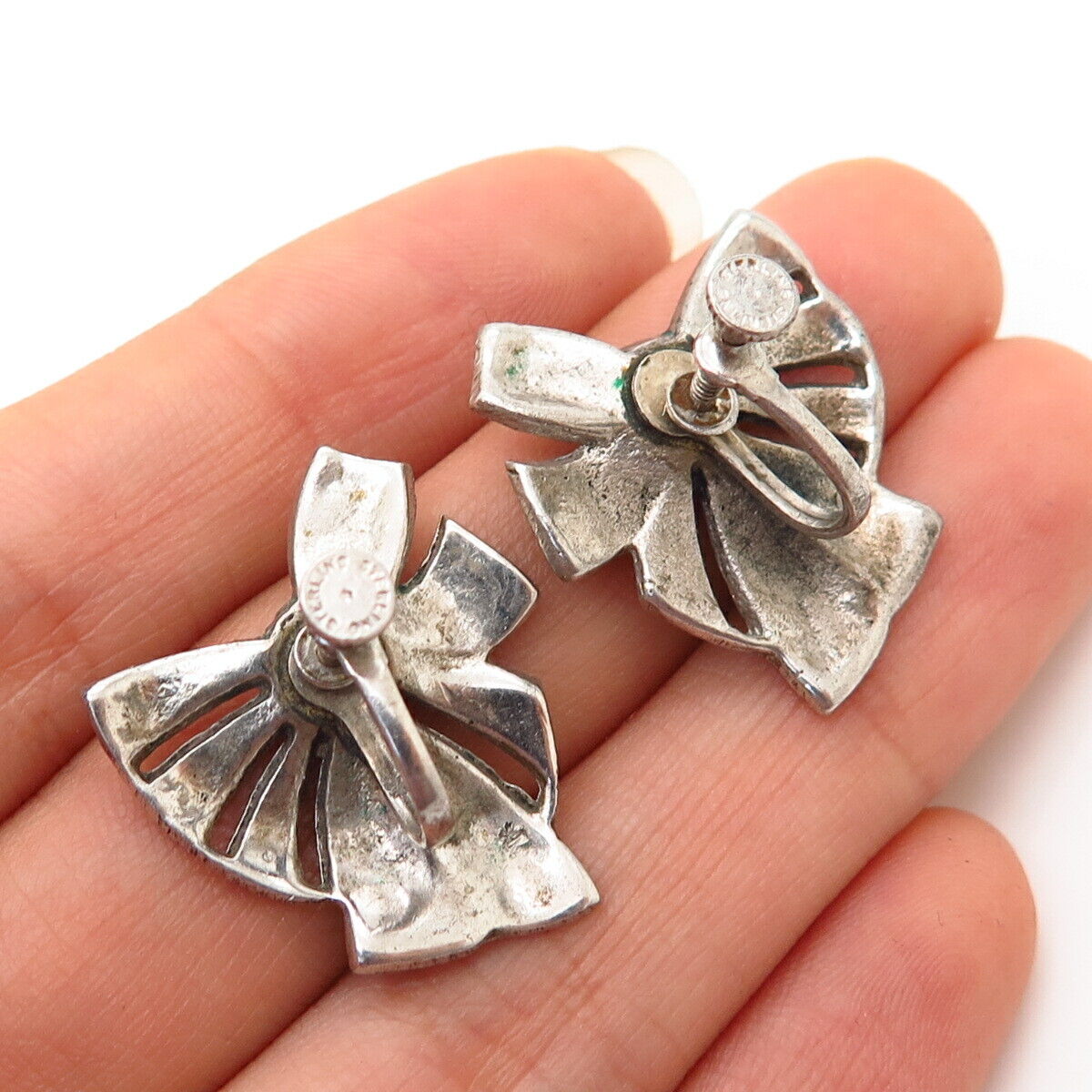 925 Sterling Silver Antique Real Marcasite Gem Bow Ribbon Screw Back Earrings