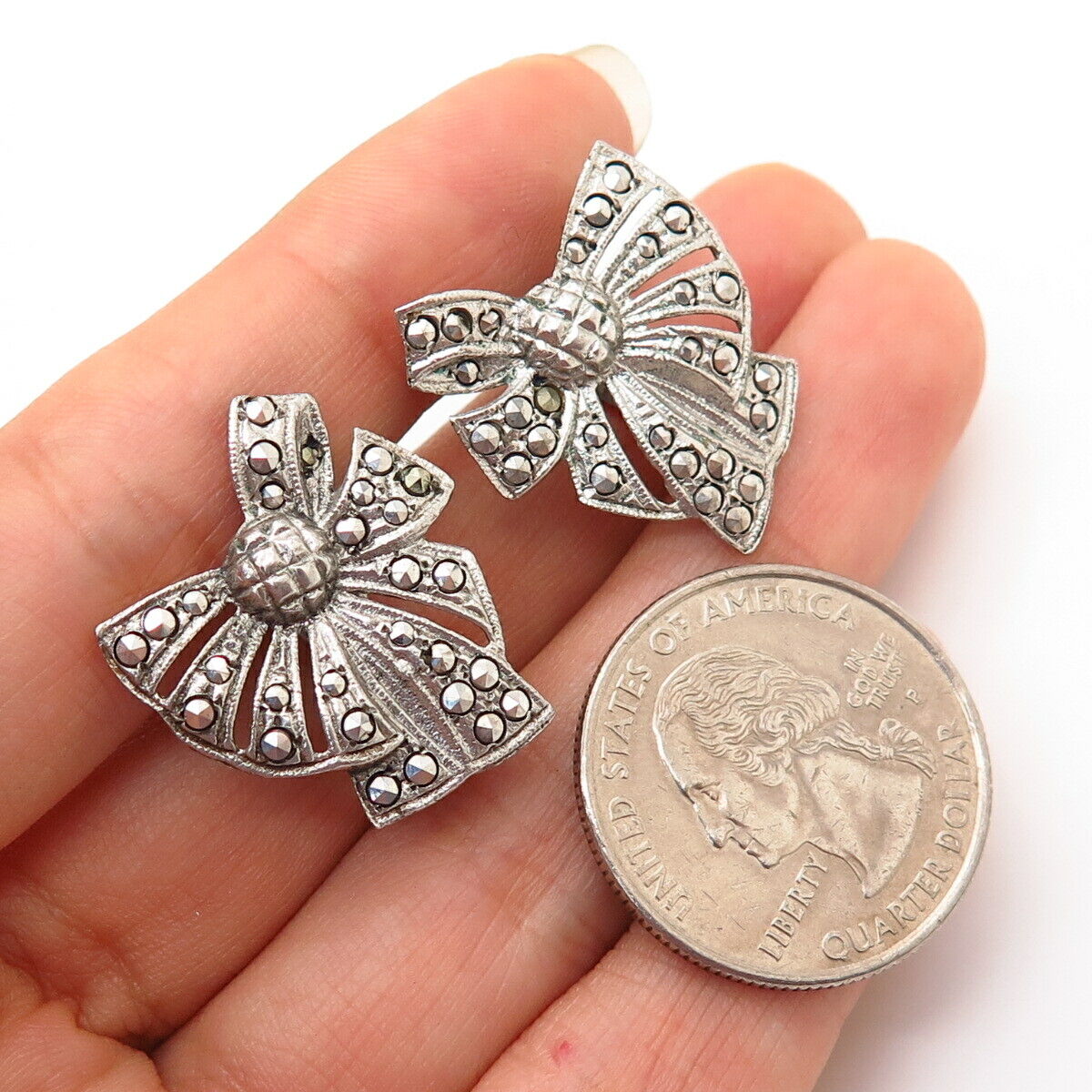 925 Sterling Silver Antique Real Marcasite Gem Bow Ribbon Screw Back Earrings