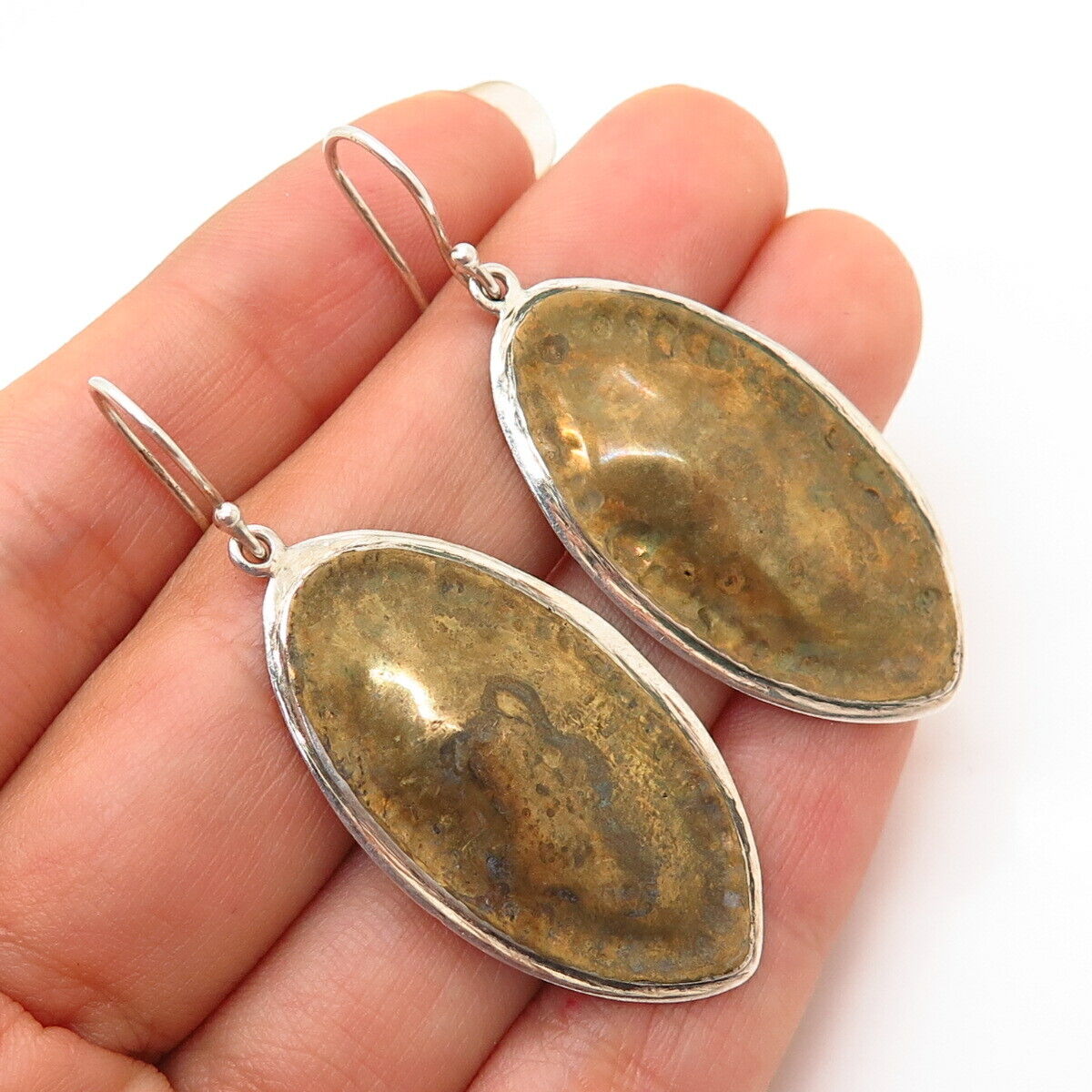 925 Sterling Silver 2-Tone Wrinkled Oval Design Dangling Earrings