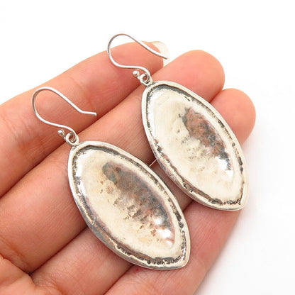 925 Sterling Silver 2-Tone Wrinkled Oval Design Dangling Earrings