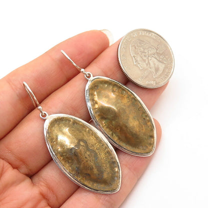 925 Sterling Silver 2-Tone Wrinkled Oval Design Dangling Earrings