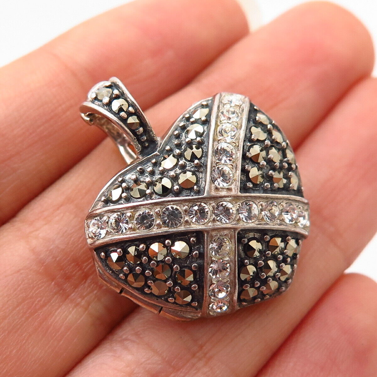 925 Sterling Silver Real Marcasite Gem & C Z Puffy Heart Locket Pendant