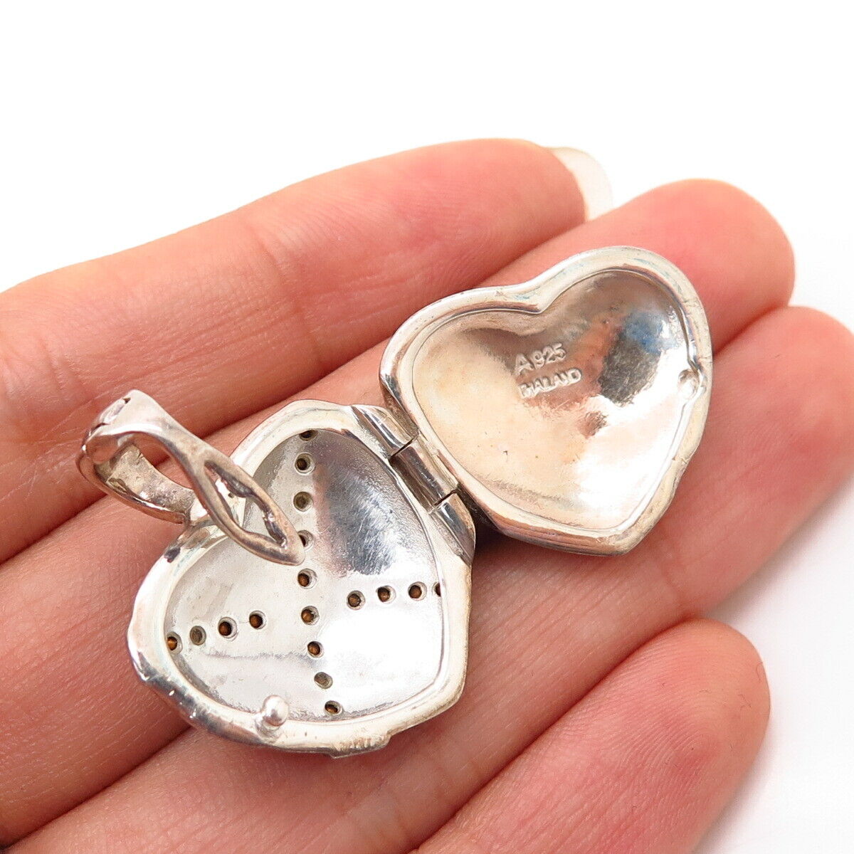 925 Sterling Silver Real Marcasite Gem & C Z Puffy Heart Locket Pendant