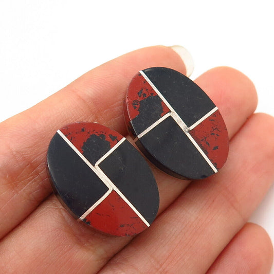 925 Sterling Vintage Mexico Real Black Onyx & Mahogany Obsidian Gem Earrings