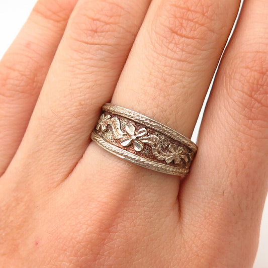 925 Sterling Silver Ornate Floral Design Ring Size 8 3/4