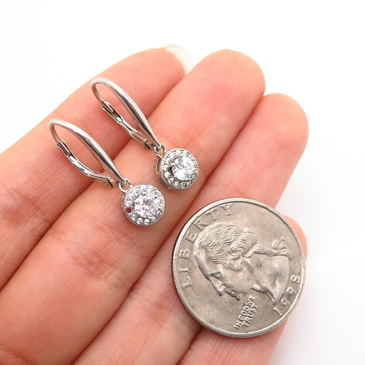 925 Sterling Silver C Z Round Design Dangling Earrings