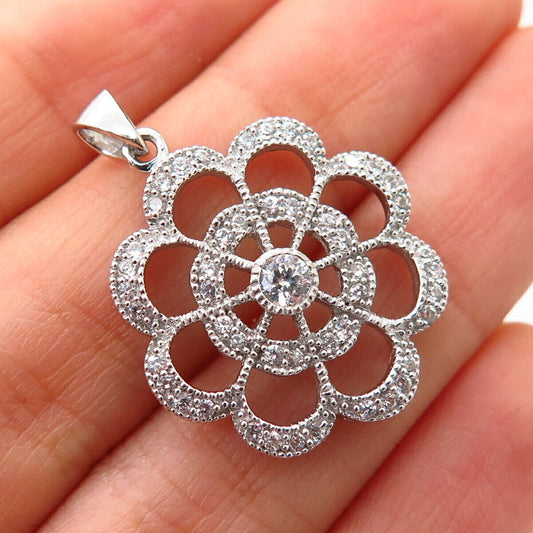 925 Sterling Silver C Z Floral Design Pendant