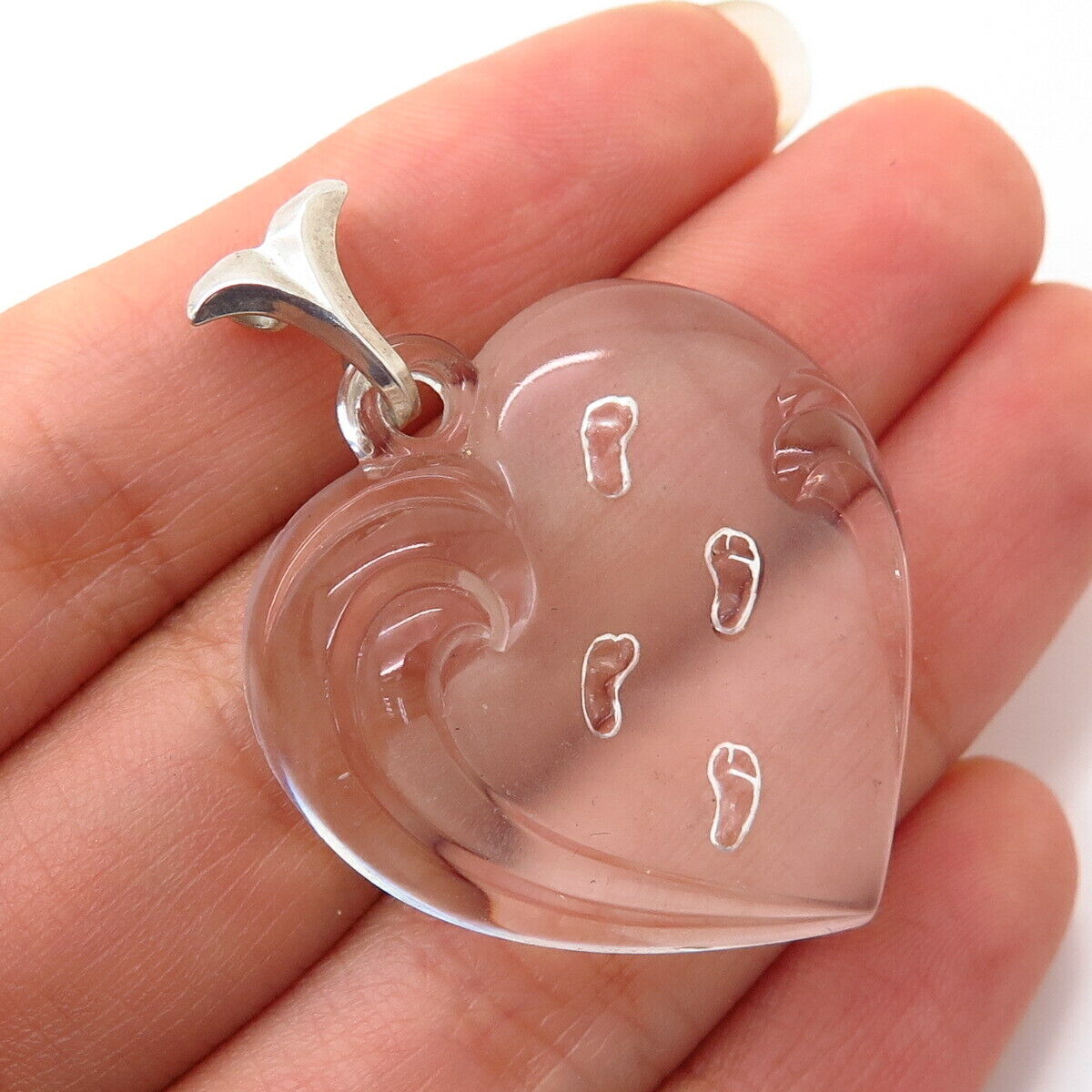 925 Sterling Silver Lenox Glass Footprint Design Heart Pendant