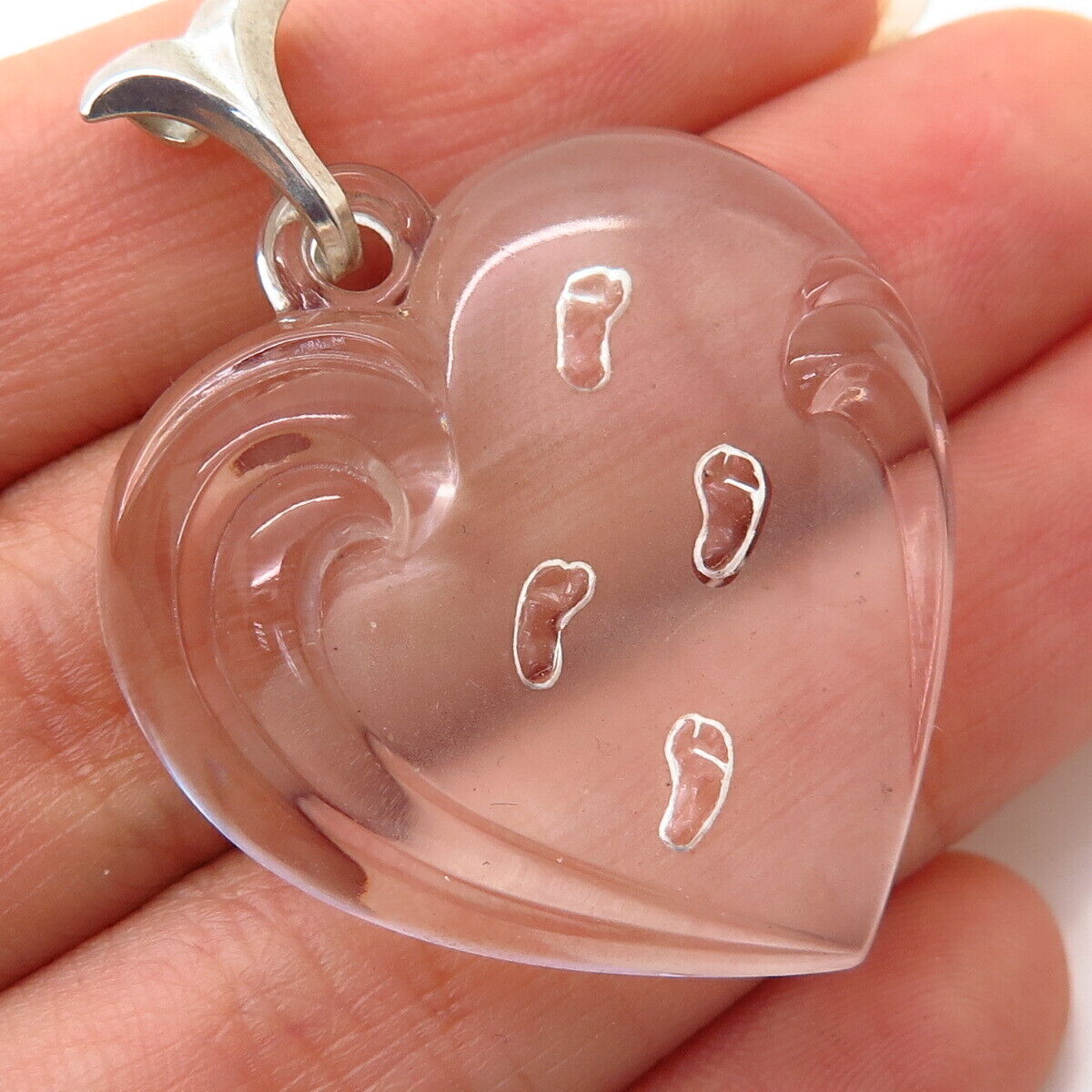 925 Sterling Silver Lenox Glass Footprint Design Heart Pendant