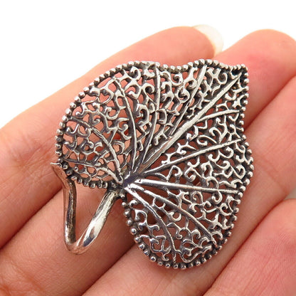 925 Sterling Silver Vintage Ornate Leaf Design Pin Brooch / Pendant