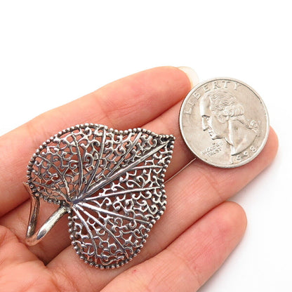 925 Sterling Silver Vintage Ornate Leaf Design Pin Brooch / Pendant