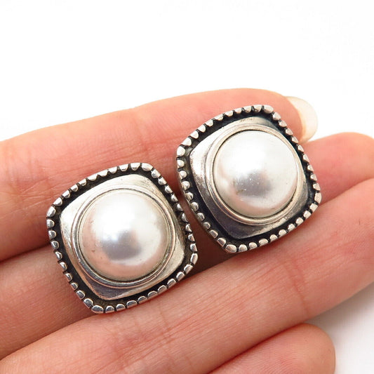 925 Sterling Silver Faux Pearl Square Design Clip On  Earrings