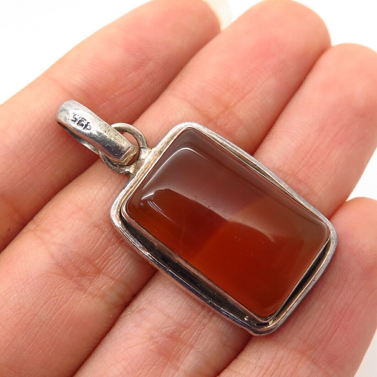 925 Sterling Silver Real Agate Gemstone Rectangle Design Pendant