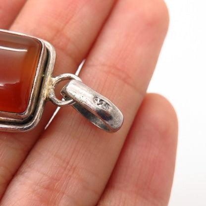 925 Sterling Silver Real Agate Gemstone Rectangle Design Pendant