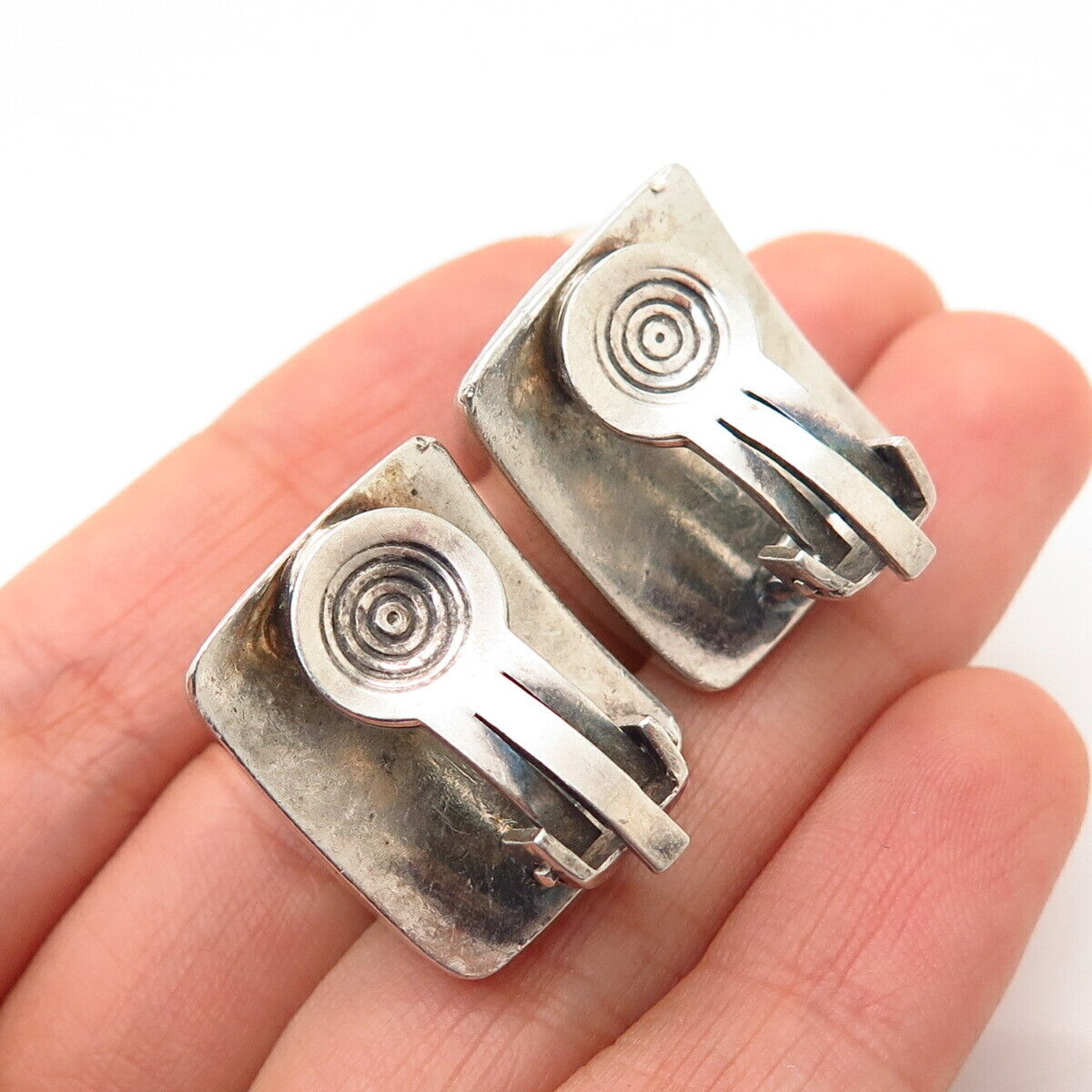 925 Sterling Vintage Spain S’Paliu Modernist Pyramid Hollow Clip On Earrings