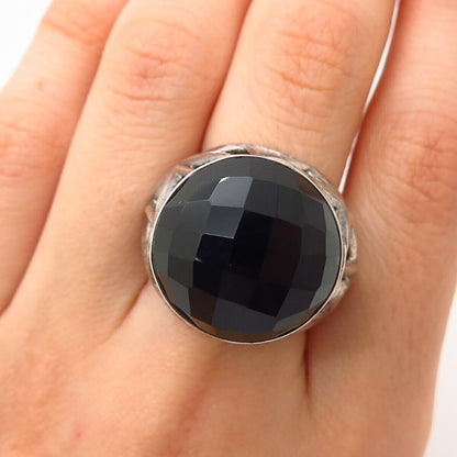 925 Sterling Silver Real Checkered Black Onyx Gemstone Domed Wide Ring Size 7