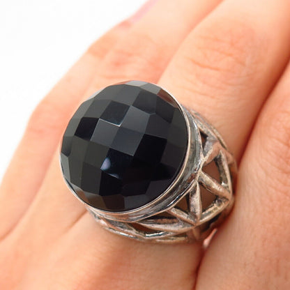 925 Sterling Silver Real Checkered Black Onyx Gemstone Domed Wide Ring Size 7