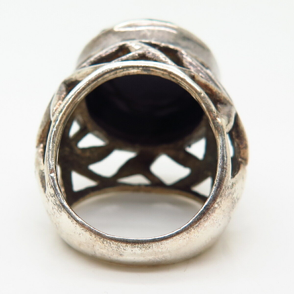 925 Sterling Silver Real Checkered Black Onyx Gemstone Domed Wide Ring Size 7