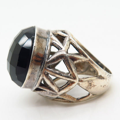 925 Sterling Silver Real Checkered Black Onyx Gemstone Domed Wide Ring Size 7