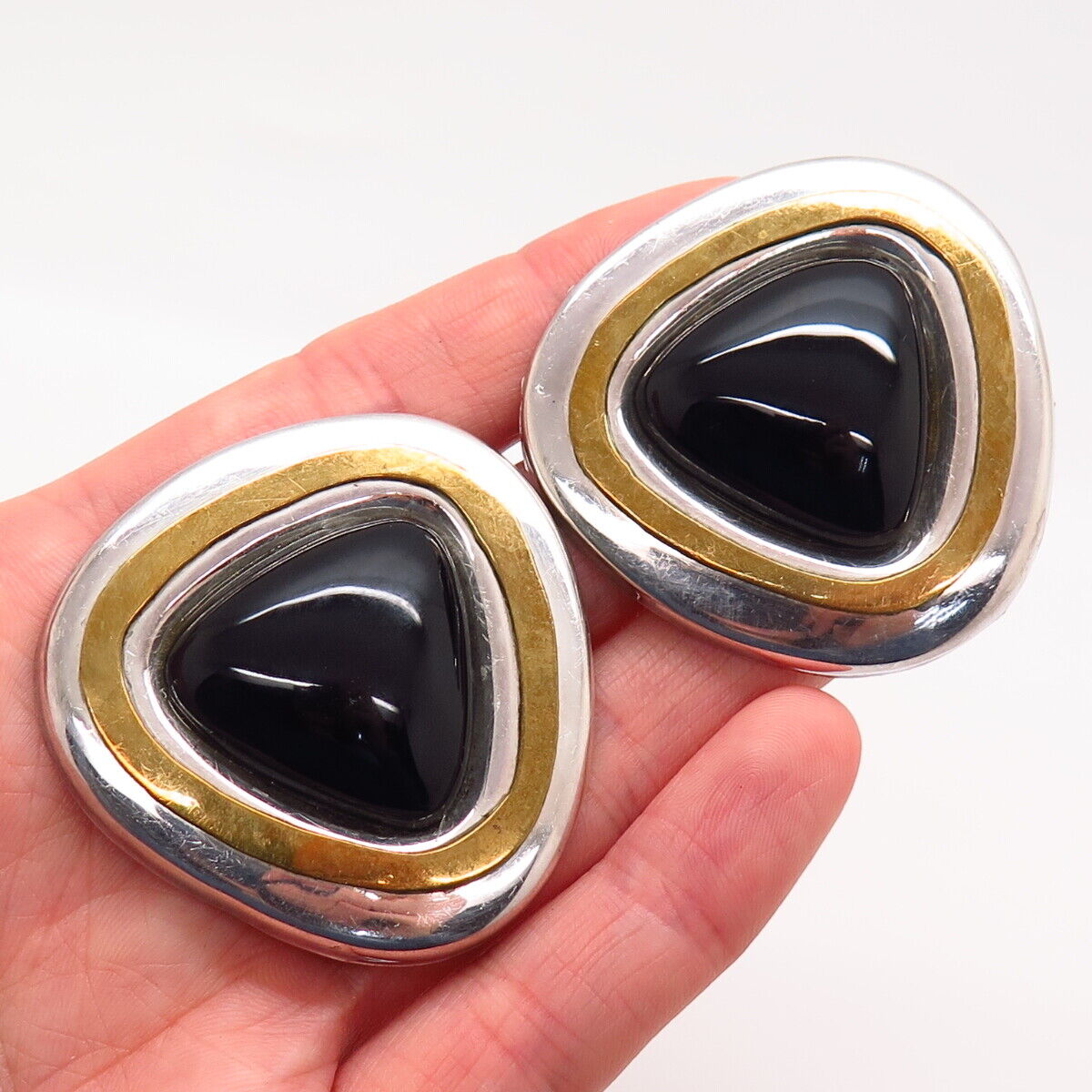 925 Sterling 2-Tone Vintage Mexico Black Onyx Gem Modernist Clip On Earrings