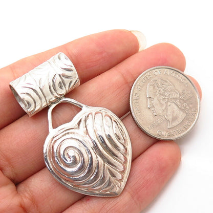 925 Sterling Silver Ribbed Swirl Heart Design Hollow Slide Pendant