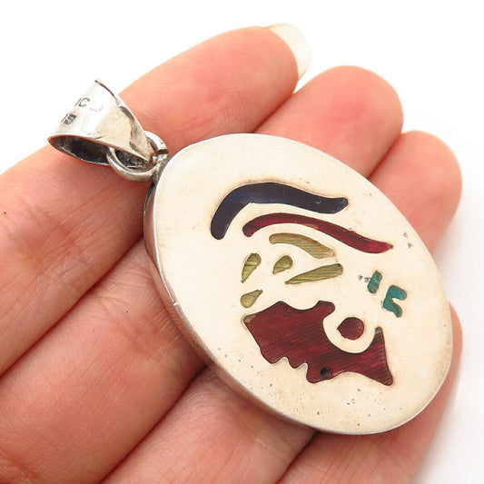 925 Sterling Silver Vintage Mexico Colorful Enamel Tribal Warrior Design Pendant