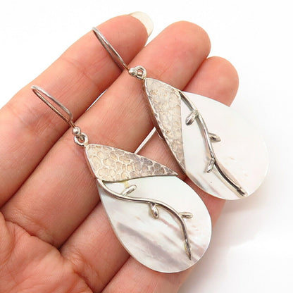 925 Sterling Silver Mother-of-Pearl Hammered Finish Branch Dangling Earrings