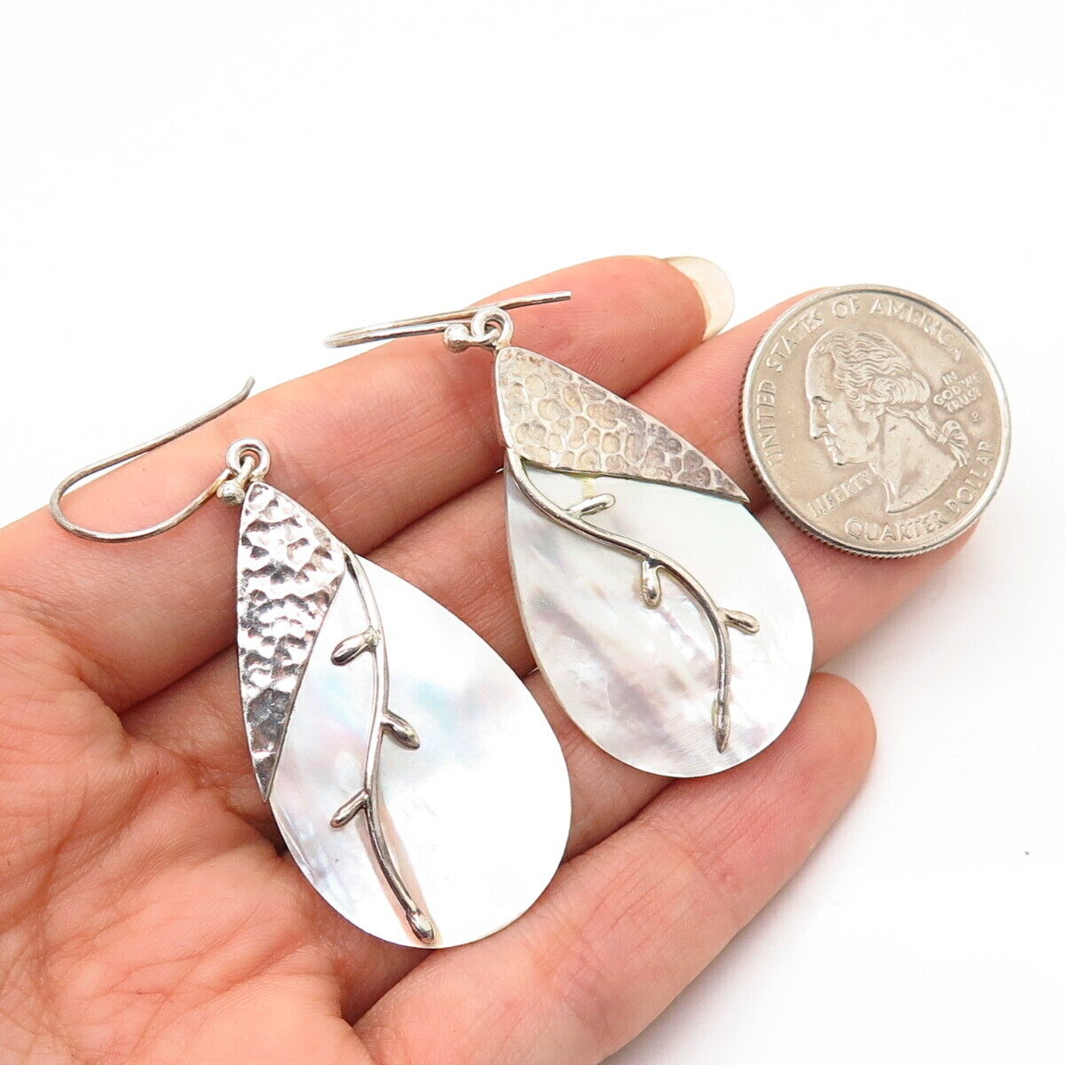 925 Sterling Silver Mother-of-Pearl Hammered Finish Branch Dangling Earrings