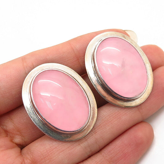 925 Sterling Silver Vintage Real Rose Quartz Oval Clip On Earrings