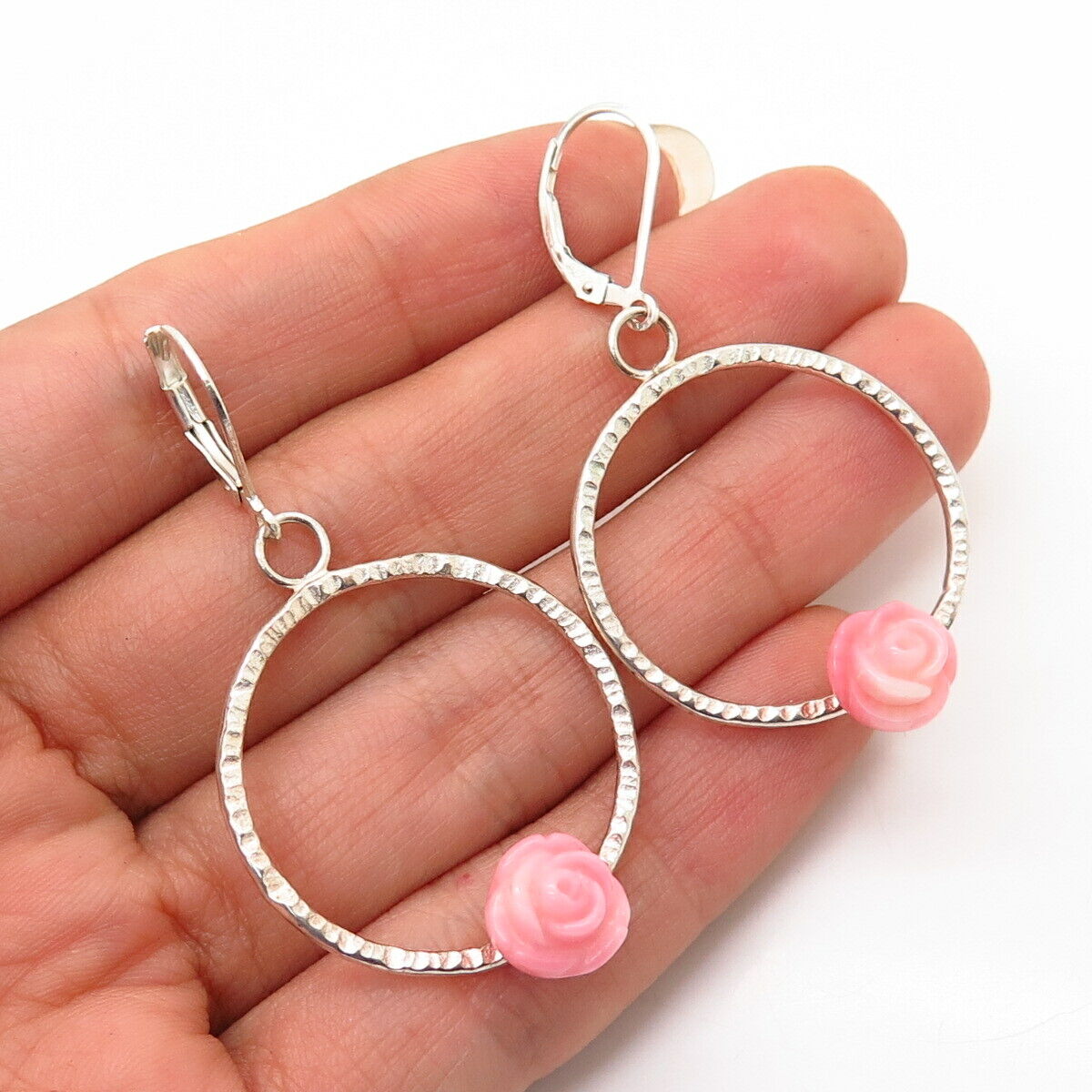 925 Sterling Silver Carved Rose Quartz Rose Floral Design Dangling Earrings