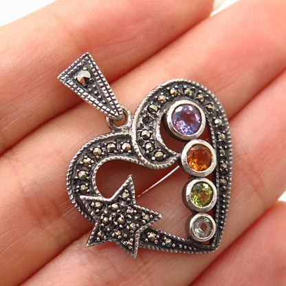 925 Sterling Silver Real Multi-Color Gemstone Star & Heart Pendant