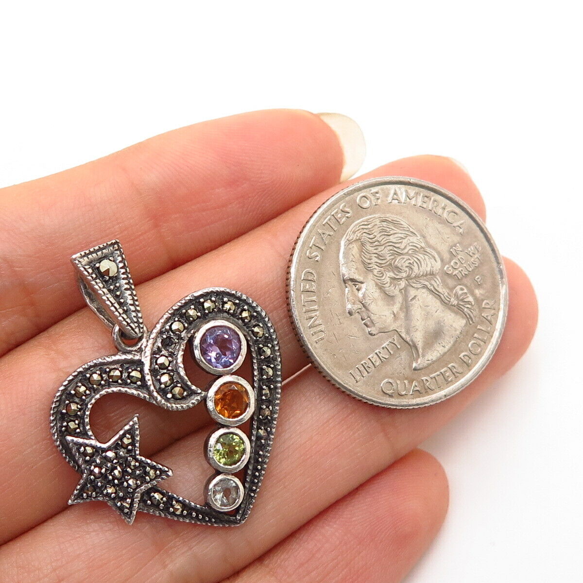 925 Sterling Silver Real Multi-Color Gemstone Star & Heart Pendant