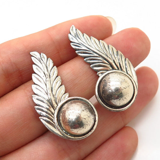 925 Sterling Silver Vintage Modernist Feather & Bead Design Screw Back Earrings