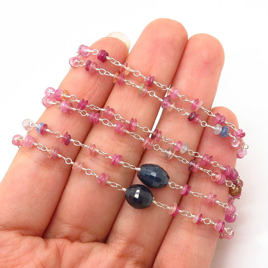 925 Sterling Silver Real Multi-Color Gemstone Long Bead Chain Necklace 44"