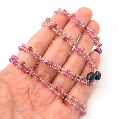 925 Sterling Silver Real Multi-Color Gemstone Long Bead Chain Necklace 44"