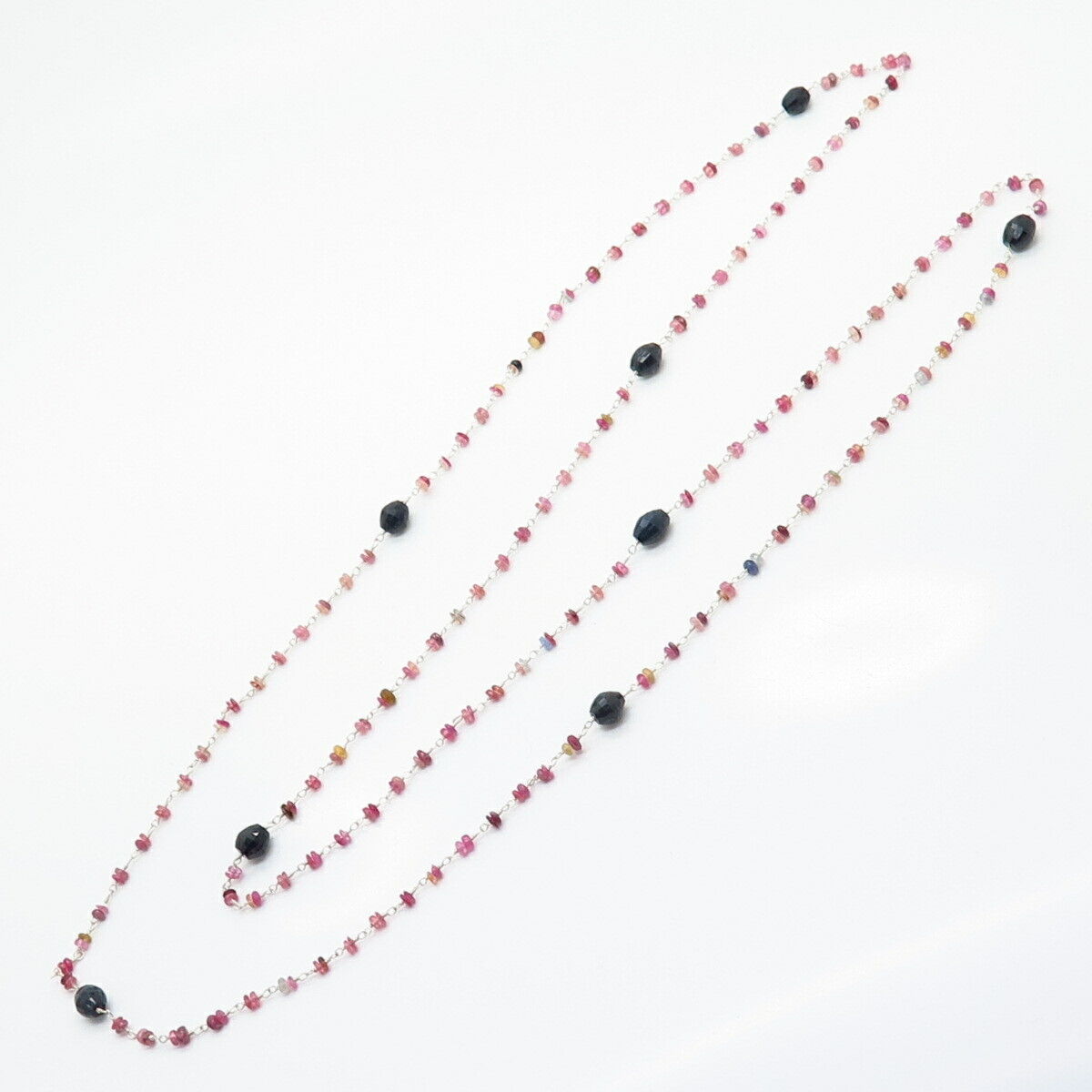 925 Sterling Silver Real Multi-Color Gemstone Long Bead Chain Necklace 44"