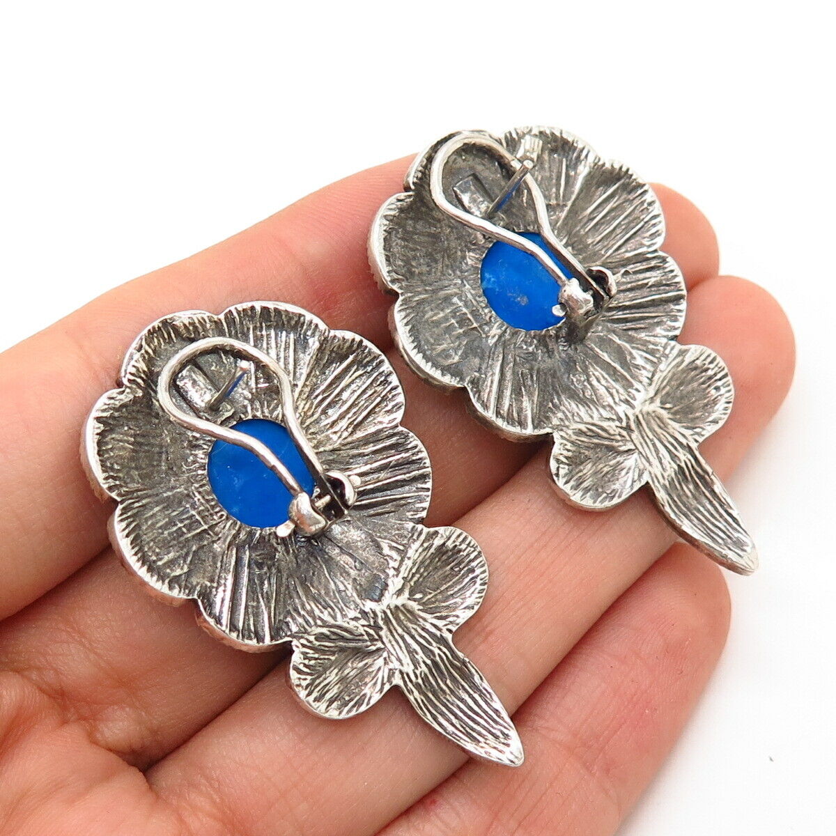 925 Sterling Silver Dyed Howlite & Marcasite Gem Floral Design Earrings