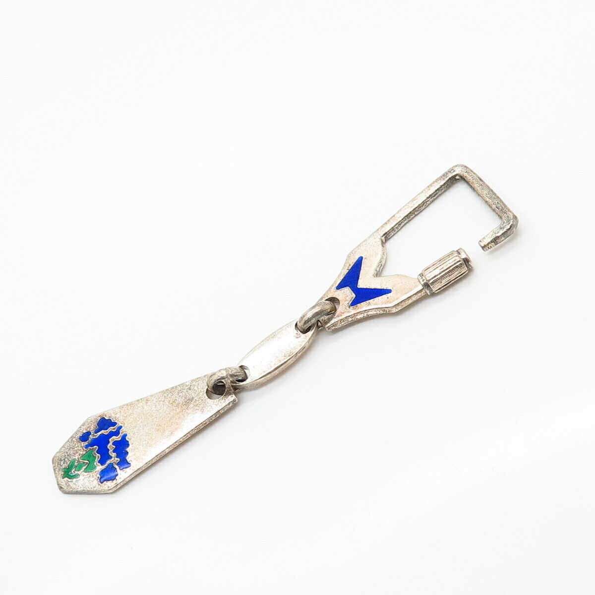 925 Sterling Silver Vintage Enamel Tag Key Ring