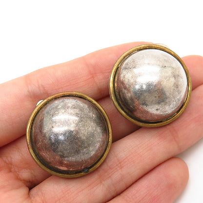 925 Sterling Silver 2-Tone Vintage Mexico Domed Design Round Clip On Earrings